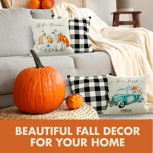 Vista 2 de Fundas de almohada de otoño de 18 x 18 pulgadas – Cuatro fundas de almohada modernas con diseño de granja a cuadros – Estos detalles de decoración