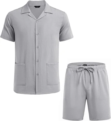 Vista 4 de COOFANDY Conjunto de camisa de 2 piezas para hombre, ajuste regular, manga corta, con botones, informal, para playa, pantalones cortos