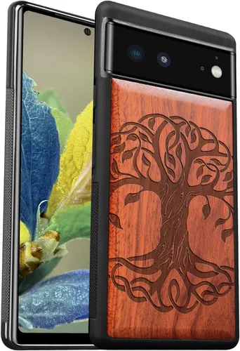 Vista 10 de Carveit Funda de madera para Pixel 6 [madera real dura y TPU suave] a prueba de golpes, funda protectora híbrida única y elegante de madera