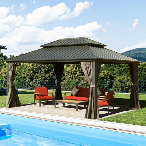 Vista 18 de Domi - Cenadores de techo rígido de 8 x 8 pies, cenador de metal de aluminio con toldo de doble techo de acero galvanizado, cortina y red, pabellón