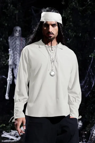 Vista 3 de Camisas de pirata vikingo medieval para hombre, disfraz renacentista, tops escoceses 01 Blanco
