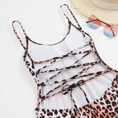 Vista 4 de CYee Traje de baño sexy de leopardo para mujer, con control de abdomen, traje de baño de una pieza, sin espalda