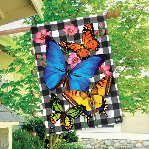 Vista 3 de Mariposas a cuadros Spring House Flag Floral 28" x 40" Briarwood Lane 15 - Mariposa Checker