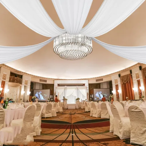 Vista 10 de DYRABREST Cortinas de techo de gasa para bodas, 6 paneles de 5 x 20 pies de largo, tela traslúcida de gasa beige para salas de recepción
