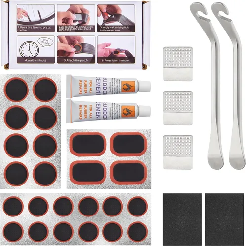 Vista 8 de Zacro Bike Tire Repair Kit, Bike Tube Patch Kit with Stainless Steel Tire Levers, 24 PCS Bike Tube Patches,Metal Rasp, Bike Patch Kit for Mountain