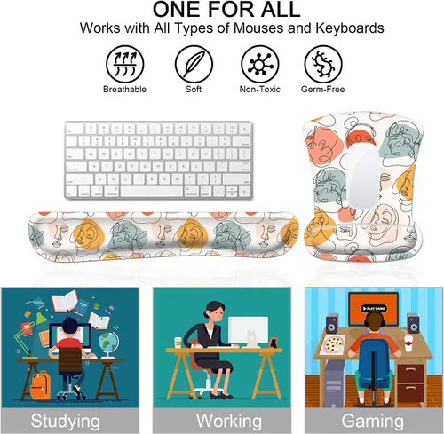 Vista 2 de Alfombrilla ergonómica para mouse y reposamuñecas para teclado, soporte de muñeca con base de goma antideslizante + posavasos para computadora