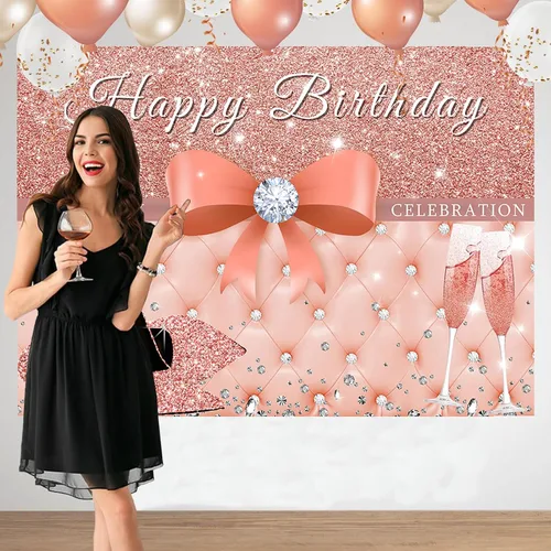 Vista 4 de Sensfun Cartel de fondo de feliz cumpleaños de oro rosa para mujer, decoraciones de fiesta de cumpleaños con purpurina, tacones rosados con lazo