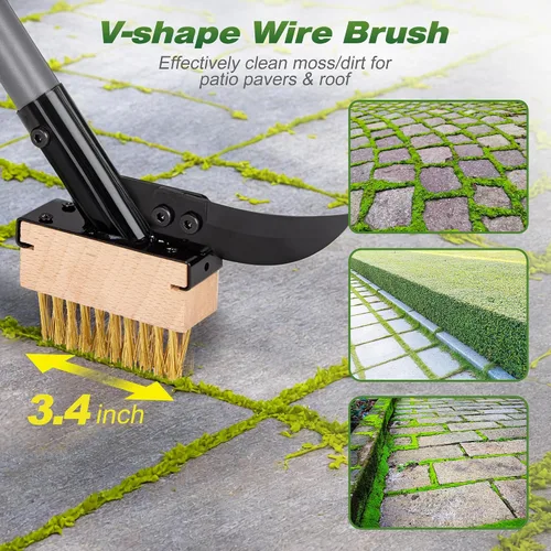 Vista 4 de Walensee Cepillo 3 en 1 para eliminar grietas y musgo con mango ajustable de 66.5 pulgadas, extractor de malezas con 2 cabezales de cepillo