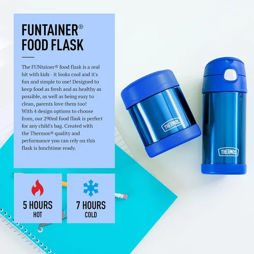 Vista 2 de Thermos - Blue Kids Food Flask (9.8 fl oz) - Sin BPA, acero inoxidable, a prueba de derrames, termo para lonchera, 5 horas de calor y 7 horas