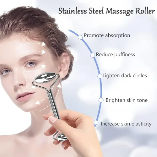 Vista 2 de Gua Sha Juego de herramientas faciales, rodillos faciales de hielo, bolígrafo de acupuntura manual, Gua Sha inoxidable, juego de masaje de acero