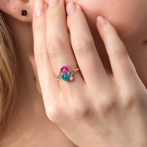 Vista 3 de Gem Stone King Anillo para mujer con forma de corazón de zafiro y topacio azul de Londres de oro blanco de 10 quilates