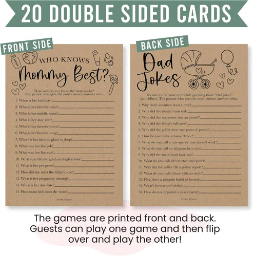 Vista 4 de Hadley Designs 20 juegos rústicos neutros de género para baby shower, divertidos juegos divertidos Tarjeta de juego de chistes de mamá y mejor papá