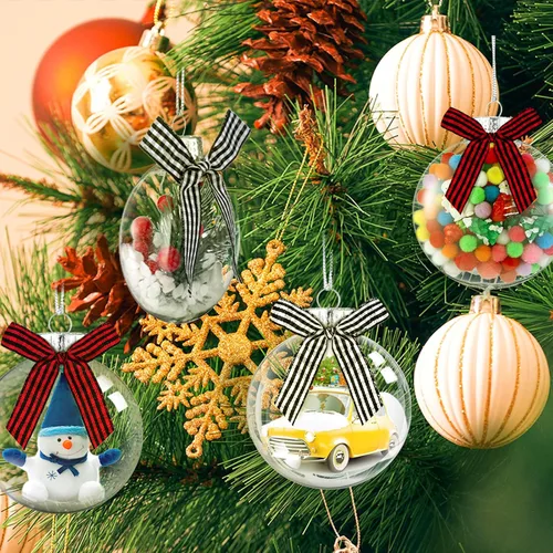 Vista 6 de Yookeer 64 discos de plástico para adornos navideños, bolas de plástico iridiscentes transparentes rellenables con tapa plateada y lazos a cuadros