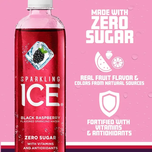 Vista 4 de Sparkling Ice + agua gaseosa de frambuesa negra con cafeína, con antioxidantes y vitaminas, azúcar cero, latas de 16 fl oz (paquete de 12) y agua
