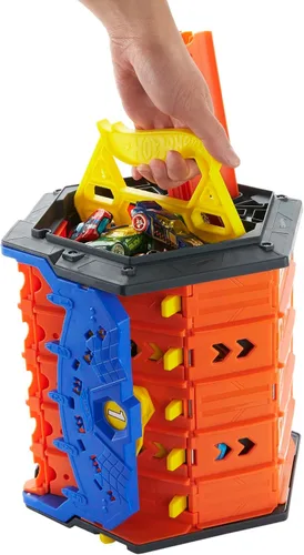 Vista 3 de Hot Wheels Track Builder Action, Pista de Carreras Desplegable, Juego de Pista con Pista de Carreras de 5 Carriles y Cubo de Almacenamiento