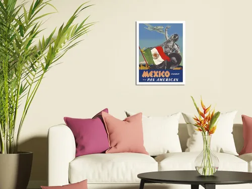 Vista 3 de México – Mañana – via Pan American Airways (PAA) – Bandera de México – Póster vintage de viaje de aerolínea por Paul George Lawler c.1940