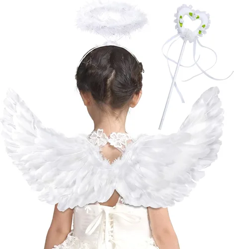 Vista 8 de Alas de ángel, alas de ángel y halo para mujer, disfraz de disfraz de Navidad y Halloween Negro
