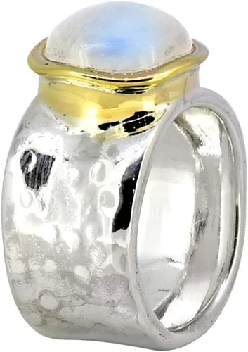 Vista 4 de YoTreasure Anillo de banda ancha de plata de ley 925 maciza martillada con piedra lunar de latón