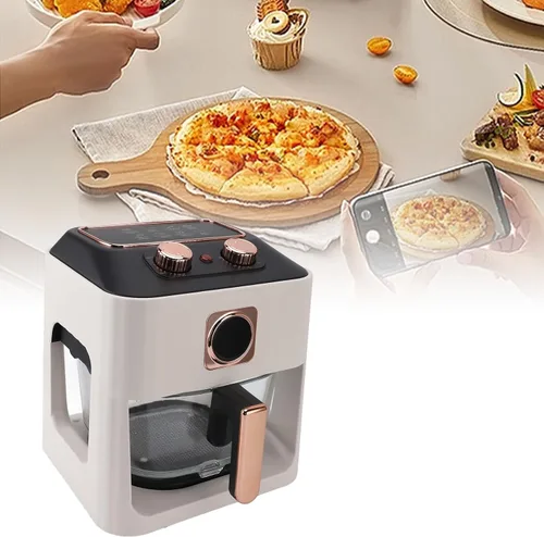 Vista 4 de Freidora de aire inteligente con ventana visual, capacidad de 6 L, control de temperatura, blanco, para comidas, freír, asar, recalentar