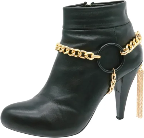 Vista 5 de Pulsera de botas de moda para mujer, cadena de metal, zapato de motociclista, negro, círculo, borla dorada, Metal
