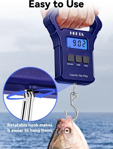 Vista 6 de HEETA Báscula de pescado, báscula digital portátil de pesca colgante de 110 libras / 110.2 lbs con pantalla LCD retroiluminada, báscula de equipaje