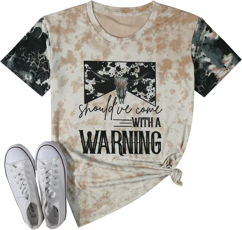 Vista 3 de Shouldhave Come with A Warning - Camiseta de manga corta para mujer, diseño de calavera de toro occidental, diseño de calavera de vaca