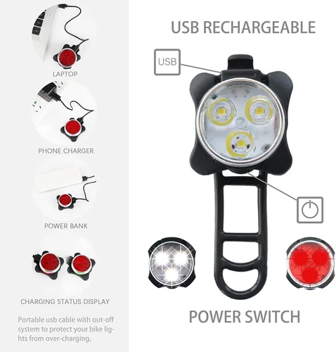 Vista 3 de Rechargeable LED Bike Light Sets, Super Bright Front Headlights and Rear LED Bicycle Lights, 650mah Lithium
