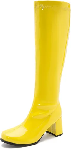 Vista 10 de LIURUIJIA Botas Gogo de mujer, hasta la rodilla, tacón ancho, punta cuadrada, estilo años 60 y 70, botas de disfraz de discoteca Blanco