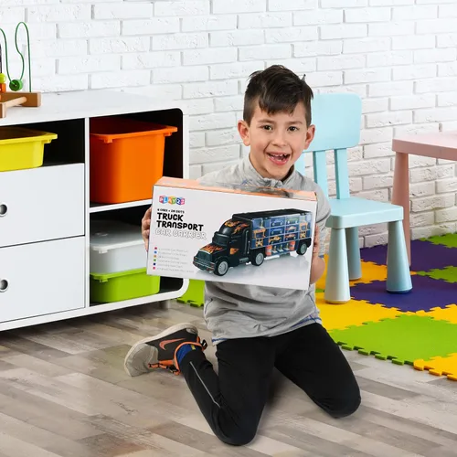 Vista 2 de Camión de Juguete Transportador de Autos - Incluye 6 Autos de Juguete y Accesorios, Cabe 28 Ranuras para Autos de Juguete - Gran Regalo para Niños