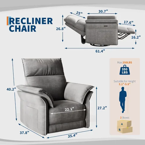 Vista 3 de Power Swivel Glider Recliner Chair, Chenille Grey