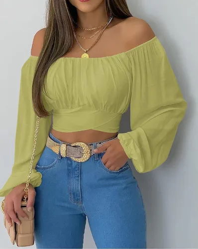 Vista 5 de MIRACMODA Blusa corta de verano con hombros descubiertos y manga farol para mujer