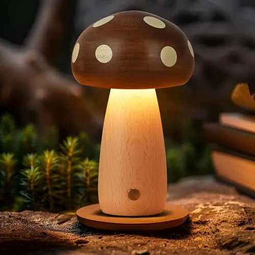 Vista 9 de LONRISWAY Paquete de 2 lámparas de mesa LED de madera con forma de hongo, lámparas pequeñas recargables inalámbricas táctiles, luz nocturna