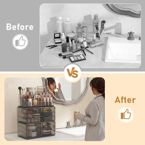 Vista 4 de Delamu Organizador de maquillaje de 3 niveles y 6 cajones para encimera, organizador de cosméticos para tocador y tocador, organizador de baño, Negro