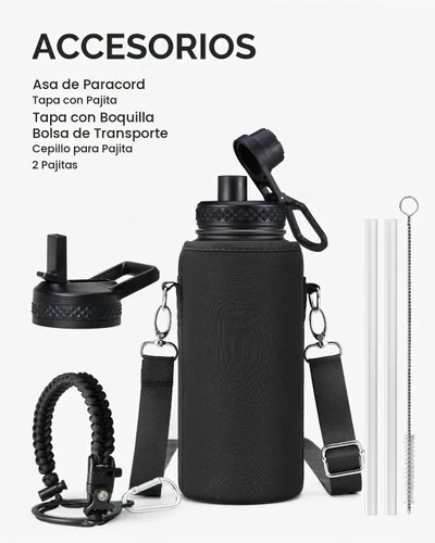 Vista 7 de Topre Botella de agua aislada de 32 onzas, botella de agua al vacío de acero inoxidable, sin BPA y a prueba de fugas - con asa de paracord, correa