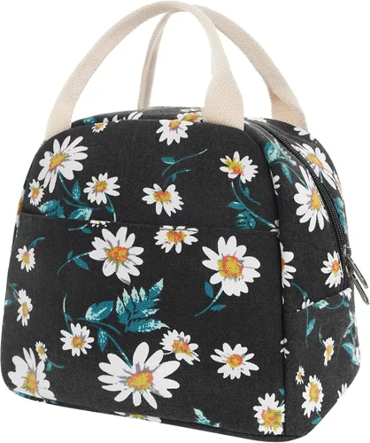 Vista 10 de EurCross Bolsa de almuerzo negra compacta mejorada para niñas y mujeres, de lona, reutilizable, aislada, con lunares, bolsa de almuerzo