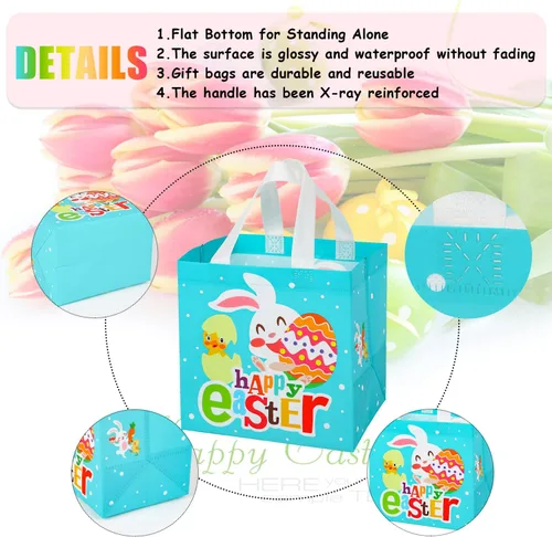 Vista 4 de SULOLI Bolsas de regalo de Pascua, bolsas de compras no tejidas de Pascua con asas para fiestas de vacaciones (paquete de 8), Verde, naranja, rosa