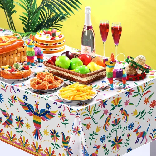 Vista 5 de Frienda 3 manteles de plástico para decoración de fiesta mexicana de 54 x 108 pulgadas, manteles desechables florales mexicanos para suministros