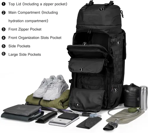 Vista 5 de Mardingtop - Mochila de 75L Molle para senderismo con estructura interna, con cubierta para la lluvia, para campamentos, viajes de mochilero, viajes