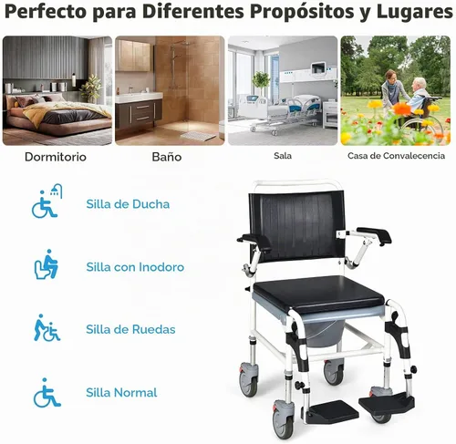Vista 6 de Giantex Silla de ruedas 4 en 1 para inodoro con brazos, 4 ruedas bloqueables, cubo desmontable, altura ajustable y reposapiés abatible, silla
