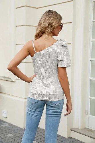 Vista 5 de JASAMBAC Blusas de lentejuelas brillantes para mujer, un hombro, adelgazantes, sexy, asimétricas, con purpurina, camisas de fiesta brillantes