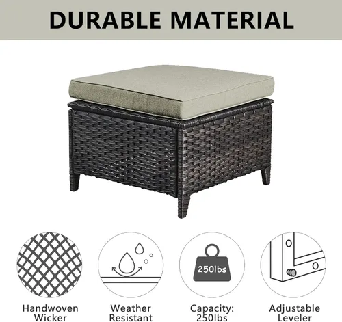 Vista 5 de Belord Juego de 2 taburetes otomanos de mimbre de ratán para todo tipo de clima, con cojines suaves para muebles de patio