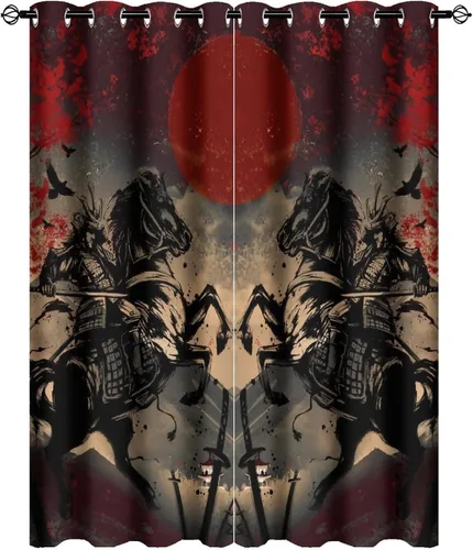 Vista 13 de Cortinas opacas abstractas japonesas samuráis para dormitorio, caballo samurái rústico, rojo, ojal, aislamiento térmico, cortinas de oscurecimiento