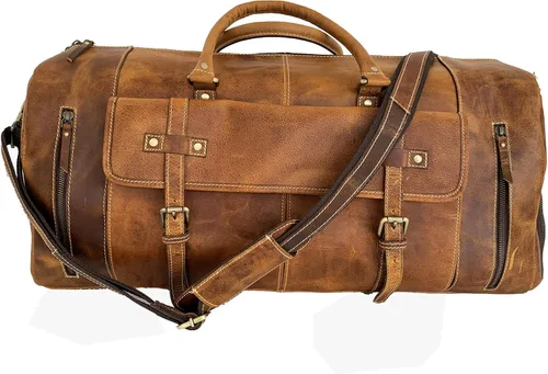Vista 3 de KomalC Bolsas de lona de cuero para hombres y mujeres de grano completo de viaje durante la noche, fin de semana, bolsas de cuero para deportes