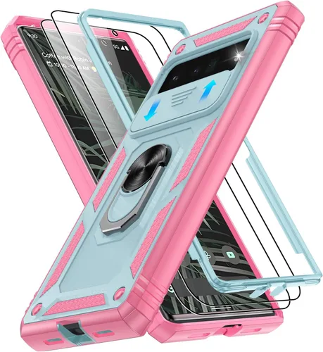 Vista 29 de Gritup Funda para Google Pixel 6 con cubierta deslizante para cámara y protector de pantalla (2 unidades), soporte de anillo giratorio 360°, funda