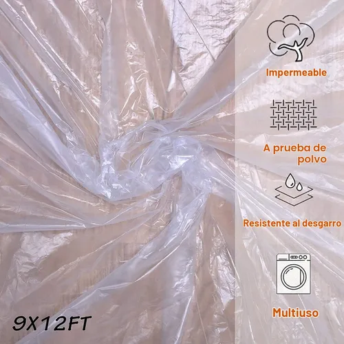 Vista 8 de Paños de tela de plástico transparente para pintar, 5 piezas, 9x12 pies, lona de plástico impermeable a prueba de polvo, casi resistente a roturas
