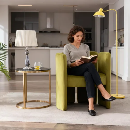 Vista 3 de Silla de acento de terciopelo, silla única acolchada en forma de barril con respaldo circular, diseño moderno, lindas sillas decorativas laterales