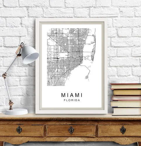 Vista 3 de Miami Map Wall Art Poster Print Florida USA City Map Street Black & White
