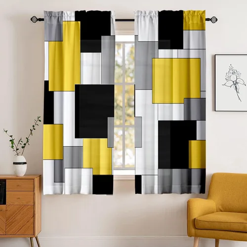 Vista 7 de Cortinas negras y grises para sala de estar, 63 pulgadas de largo, cortinas geométricas modernas, negras, blancas, grises, abstractas, con bolsillo
