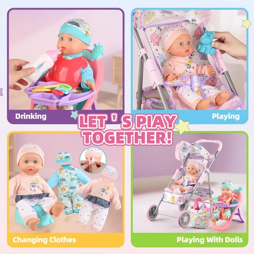 Vista 6 de YIYBM Juego de Cochecito de Muñeca Bebé con Muñeca Bebé de 12.5", Silla de Comedor, 2 Juegos de Ropa y 20 PCS Accesorios para Muñecas. Juguete