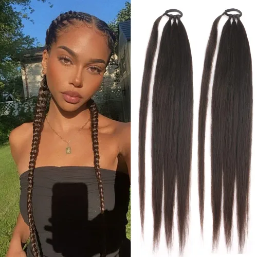 Vista 10 de Extensiones de cola de caballo, 2 piezas sintéticas con lazo para el cabello, extensiones trenzadas, cola de moño, anillo de banda de goma de 26